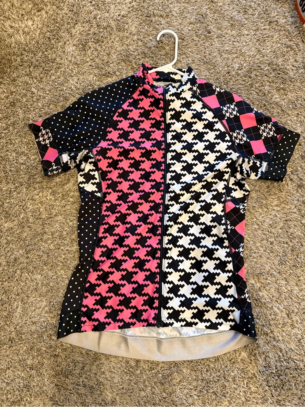 Shebeest women’s large Pink & Black Houndstooth Cycling Jersey